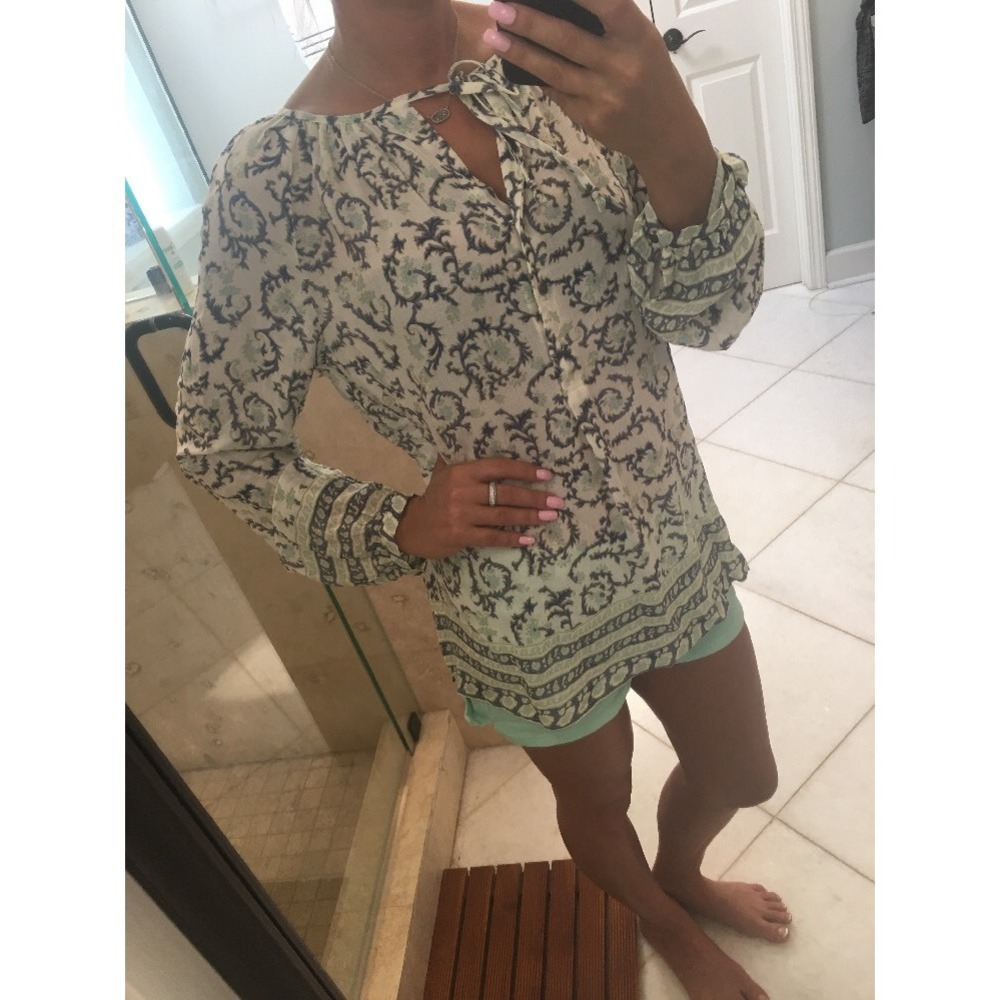 LUCKY BRAND Beige Rose Mint Floral Tunic Bella Swan Twilight Shirt Top M